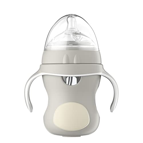 Image of Gulicola Natural Glass Baby Bottle with Protective Silicone Sleeve, Varibale Flow Nipple, Wide Neck, 7 oz, Grey