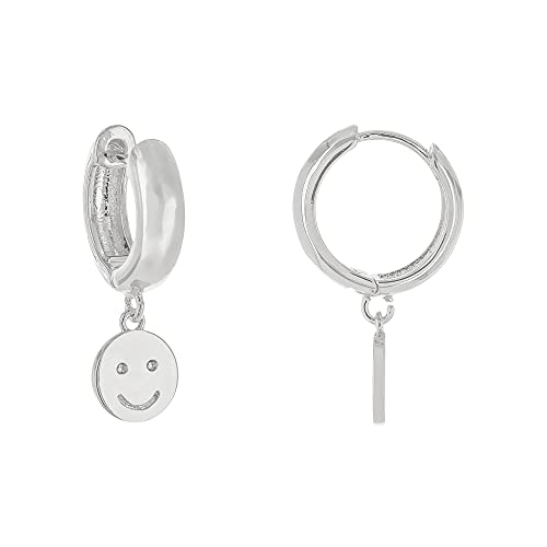 Rhodium Plated Smiley Face Charm Huggie Hoop Earrings - Small Smile Drop Hoops