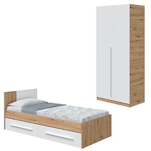 Mobelcenter, Dormitorio Juvenil Noa, Conjunto Dormitorio Infantil Juvenil Color Roble Nodi Blanco Artik, Cama con 2 cajones y Armario 2 Puertas con Barra de Colgar y 3 estantes (1325, 1326)