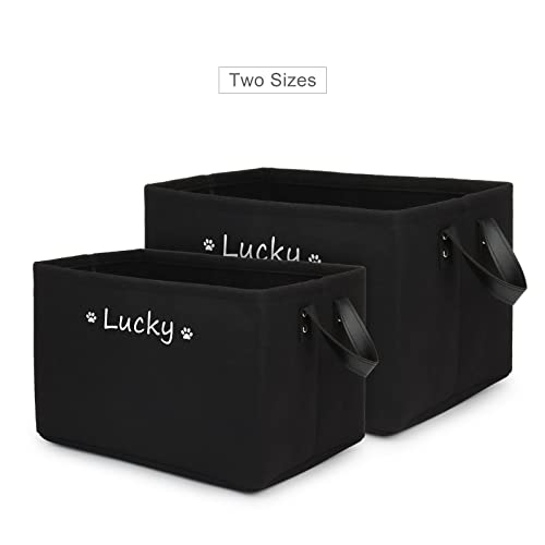Personalisierte Hundespielzeug Aufbewahrungsbox mit Namen, Faltbar Aufbewahrungskorb mit Ledergriffen, Filz spielzeugkiste für die Organisation von Lebensmittel Kleidung und Haustierzubehör(Schwarz)