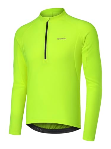 BERGRISAR Maglia da ciclismo da uomo, a maniche lunghe, mezza cerniera, per mountain bike, primavera e strada, Verde fluorescente, L