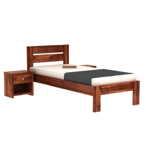 Image of Solid Sheesham Wood Single Bed with Headboard & Footboard | Sturdy Wooden Cot for Bedroom, Hostel & PG | Modern Design Single Wooden Bed Frame (Mattress Not Included) (Brown Finish)