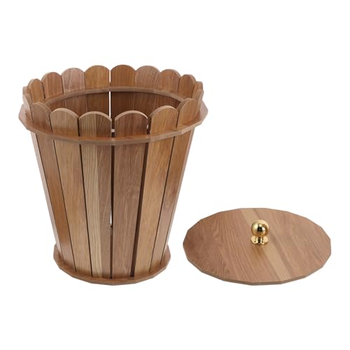 Poubelle ronde en bois Alipis avec couvercle style rustique kaki