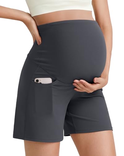G4Free BareFeel - Pantalones cortos deportivos de maternidad con bolsillos sobre el vientre, cómodos pantalones de entrenamiento de verano para embarazo, Gris-oscuro, S