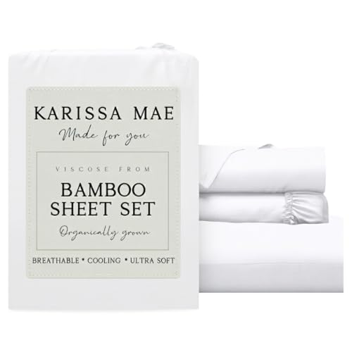 Image of KARISSA MAE Luxury Bamboo Viscose Twin XL Size Sheet Set | FSC Certified | Cooling | Ultra Soft | 18 inch Deep Pockets | Elastic Corner Straps | Includes Organizer Band [White]
