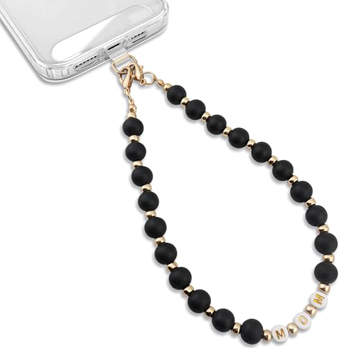 MyfavoriteK MOM Phone Charm With Wood Beads Detachable Anti Theft Phone Strap Hands-Free iPhone Wrist Strap for Women Chain Wristlet - Fits Apple, Samsung, Google Pixel & More (Black)