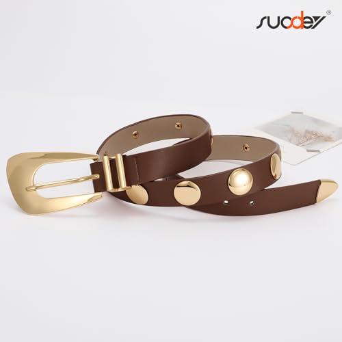 SUOSDEY Womens Gold Studded Leather Belt Fashion Punk Ladies Waist Belt with Gold Buckle — view 6