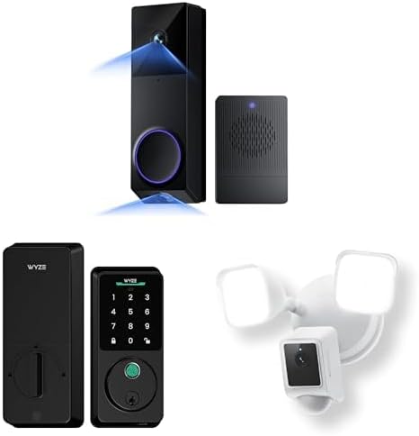 Bundle of WYZE Wireless Duo Cam Video Doorbell(Chime Included) + Wyze Auto-Lock Bolt v2+ WYZE Floodlight Camera v2, Battery Powered, 2K Full HD Video, 2 Cameras (People and Package), 2-Way Audio