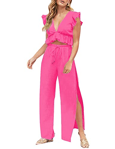 FANCYINN Womens 2 Pieces Outfits Deep V Neck Crop Top Side Slit Drawstring Wide Leg Pants Set Jumpsuits Rose Red XS