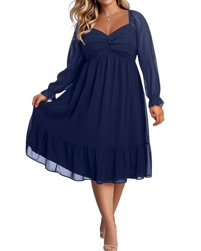 Plus Size Dresses Sweetheart Neckline Long Sleeves Chiffon Party Cocktail A Line Curvy Womens Midi Dress3