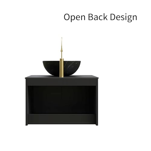 Image of 24 inch Bathroom Vanity with Sink, Wall-Mounted Bathroom Vanity with Black Bowl Ceramic Vessel Basin, Modern Plywood Floating Vanity with Twill Double Doors, Bathroom Storage Cabinet, Black