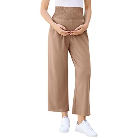 Coolmee Maternity Pants Women's Smocked High Waisted Comfy Wide Leg Long Pants Pregnancy Casual Loose Yoga Lounge Sweatpants Khaki 2XL Cover