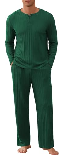 NITAGUT Mens Pajama Set Henley Collar Loungewear Long Sleeved Buttoned Sleepwear 2 Piece Pjs with Pockets Green-M