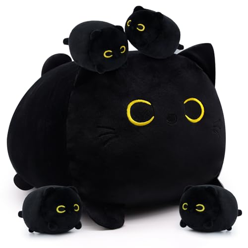 LSYDCARM Black Cat Plush, Black Cat Stuffed Animals Cat Plushie Toy, Mommy Cat with 4 Baby Kittens Kawaii Birthday Gifts for Kids Boys Girls