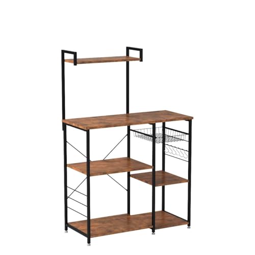 Image of VASAGLE Baker's Rack, Microwave Stand, Kitchen Storage Rack with Wire Basket, 6 Hooks, and Shelves, for Spices, Pots, and Pans, Rustic Brown and Ink Black UKKS35X