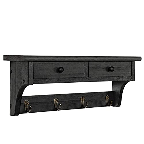 Emfogo Wood Coat Hooks Wall Mounted, Rustic Style with 4 Hooks & Shelf for Entryway, Mudroom, Bedroom, Kitchen, Bathroom (Black)