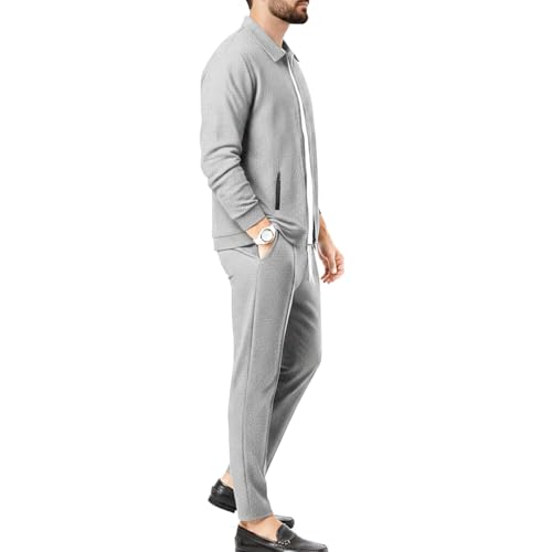 Image of Jawdrobe Men's Zipper-Check Co-Ord Set | Self-Textured Collar Top | Drawstring Jogger Pants | Cotton-Blend Loungewear Night-Suit | Mans Casual Travel Two-Piece