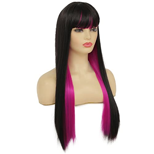 Image of Swiking Black Mix Rose Red Long Straight Wig with Bangs Silky Synthetic Replacement Hair Wig Heat Resisting Two Color Daily Party Cosplay Wigs