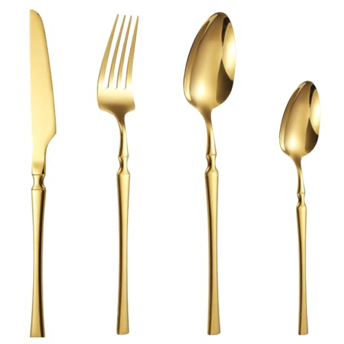 Image of aDai Aurum Gold Silverware Set | Satin Finish 4-Piece Korean Vintage Style Flatware Set | Dishwasher Safe Stainless Steel Cutlery for Home, Restaurant & Gifting