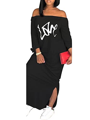 Women's Casual Off Shoulder Maxi Dress - African Print Summer Loose Long Sleeve Tunic T Shirt Dresses with Pockets