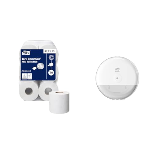 Image of Tork SmartOne Mini Toilet Roll White T9, Advanced, 2-Ply, 12 x 620 Sheets, 472193 & SmartOne Mini Toilet Paper Roll Wall Mounted Dispenser White T9, Elevation Range, 681000