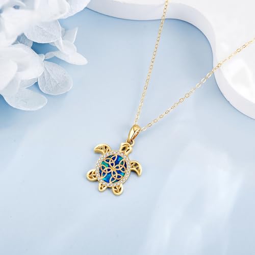 ELFRONT 14K Gold Turtle Necklace for Women Real 14K Yellow Gold Sea Turtle Celtic Knot Opal Pendant Necklace Animal Jewelry Gifts for Women3