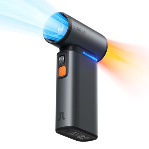 Image of JISULIFE 2 in 1 Multi-functional Compact Gray Metal Blade Fan, 9,000 mAh, 1-100 Level Adjustable, 75,000 RPM, LED Display, 3.8 cm x 7.5 cm x 13.5 cm