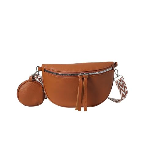 XFSRG Bauchtasche Crossbody Bag Damen Kleine Umhängetasche Herren Breiter Umhängetasche Damen PU Handytasche Herren mit Abnehmbarem Schultergurt und Mini-Schmucktasche Rund(Braun)
