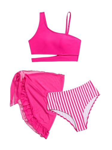 SOLY HUX Girl's 3 Piece Bathing Suits Cut Out Asymmetrical Swimsuit with Cover Up Skirt Swimwear HotPink Striped 12Y