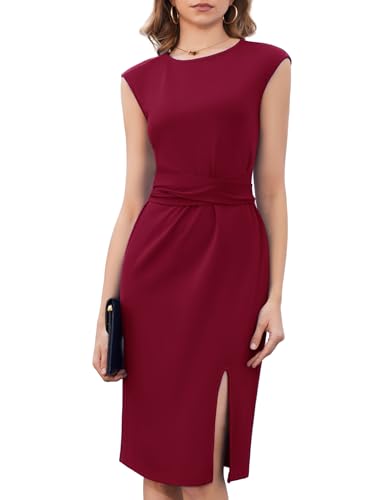 Dressystar 2025 Summer Women’s Crew Neck Belted Side Slit Business Work Dress Cap Sleeve Sheath Midi Church Dresses Wine Red XL