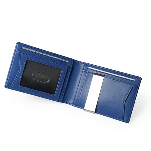 Image of Slim Bifold Wallet for man with Money Clip - RFID Blocking, Multiple Credit Card Pockets - Sleek and Versatile Design - Genuine Leather - Ideal for Cash and Cards (Black - Blue)