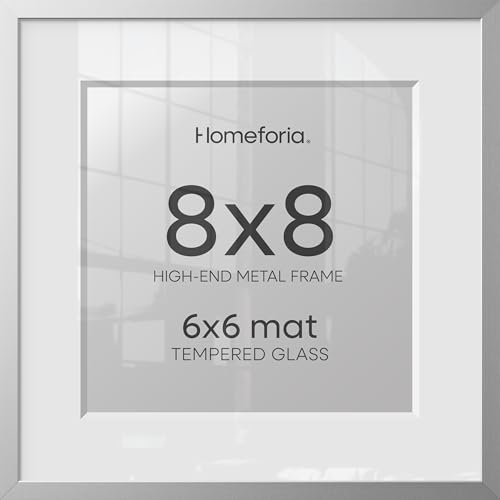 Image of Homeforia 8x8 Silver Picture Frame, High End Metal 8 x 8 Square Frames with Mat 6 by 6 Photo, 8x8 Brass Frame Matted to 6x6 inch Print, 8by8 Wall or Tabletop Frames, Tempered Glass, Wall Kit, Set of 1