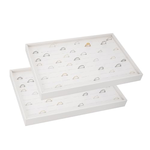 Polmart Stackable 100-Slot Rings & Earrings Organizer/Storage/Display Trays, White Leatherette (2-Pack)