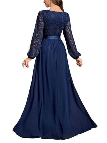 Miusol Women's Wedding Guest A-Line Dress Floral Lace Deep V Neck Long Sleeve Formal Evening Gown2
