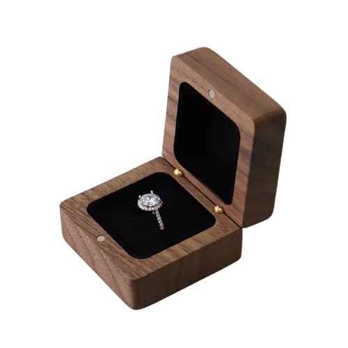 muso wood Vintage Solid Wood Ring Box - Hand-Polished Engagement Ring Holder Box for Proposal Wedding Jewelry Organizer | Romantic Gift for Couples Brides & Grooms (Walnut-1pcs)