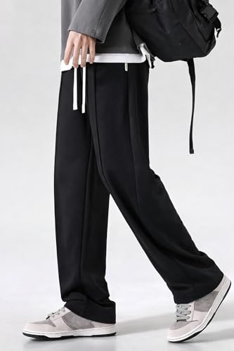 Image of CREVIO Men Wide Leg Loose Fit Trousers with Elastic Waist & Drawstring for Men - Korean Style Relaxed Straight Casual Pants, Comfortable Lounge Travel Streetwear Bottoms