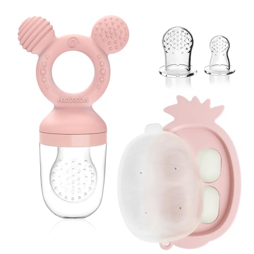 Image of HAOBAOBEI Teething Toys, Baby Fruit Food Feeder Pacifier, Breastmilk Popsicle Molds for Baby Cooling Relief (Pink, Mini Mouse)