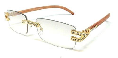 Dweebzilla Dean Slim Rimless Rectangular Rhinestone Metal & Faux Wood Luxury Sunglasses