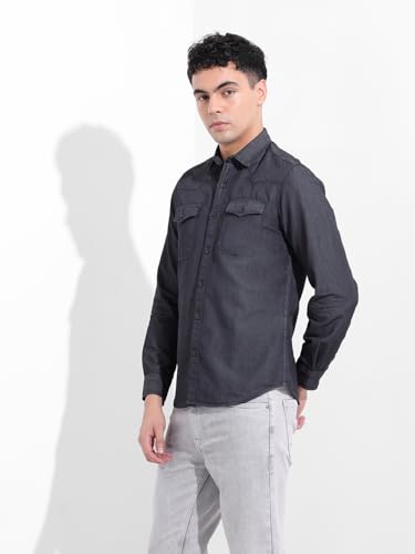 Image of The Indian Garage Co Men Slim Fit Solid Full Sleeves Cutaway Collar Double Flap Pocket Casual Denim Shirt