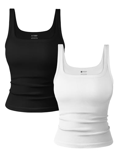 OLCHEE Womens 2PK Square Neck Tank Tops Seamless Ribbed Trendy Going Out Basic Shirts 2025 Summer Slim Fit Cami