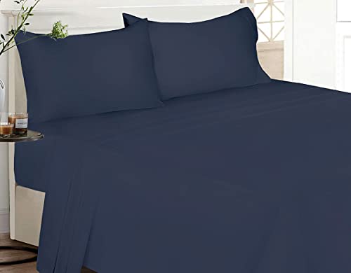 Image of Flat Bed Sheet with 2 Pillow Covers 600 Thread Count 100% Egyptian Cotton Bedsheet Double Size Navy Blue Comfortable & Durable Sheet