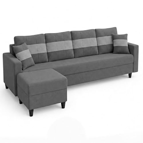 Image of Cavona 5 Seater L Shape Sofa Set with Movable Ottoman | Flexible Layout | Luxury Velvet Suede Fabric | Modern Living Room Sofa | Dark Grey