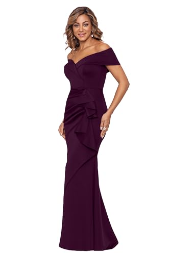 Image of Xscape Women's Long Off-the-Shoulder Sweetheart Neckline Formal Evening Gown with Ruching and Draped Ruffle Detail