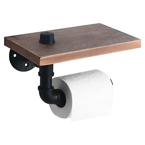 HouseAid Industrial Pipe Toilet Paper Holder with Shelf, Rustic Farmhouse Toilet Roll Holder, Vintage Style Iron TP Holder for Bathroom, Wall Mounted, Matte Black Cover
