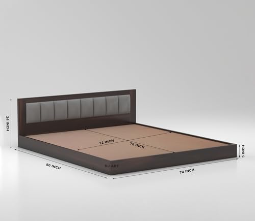 Image of Solid Sheesham Wood King Size Bed Without Storage for Bedroom Living Room Home Hotel Wooden Double Bed Cot Palang with Cushion Headboard Home Furniture (Walnut Finish)