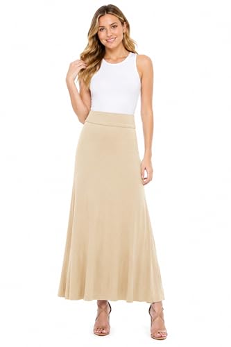 Solid Pattern Print Office Work Loose Fit Elastic A-line Maxi Skirt/Made in USA Khaki L