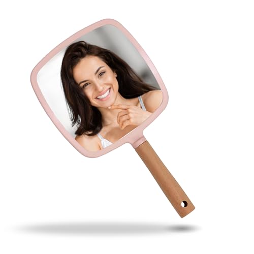 Image of Wood Hand Mirror Square Shaped Handle Makeup Mirror, Small Cute Wooden Shaving Mirror with Single Side Hanging Hole, Travel Portable for Men Women