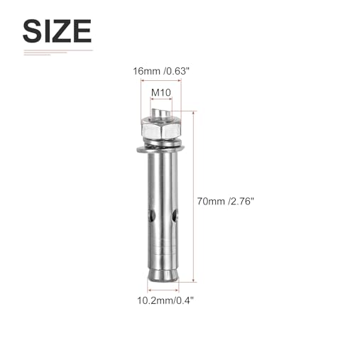 Image of DTGN M10 x 70 Expansion Bolts - 4Pack- Good for Concrete Dry Brick Block Walls - 304 Stainless Steel - Silver