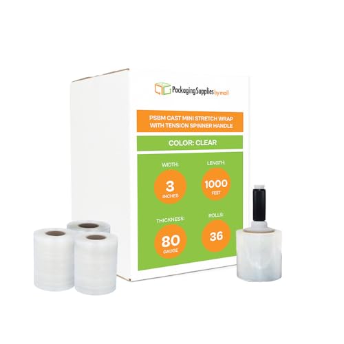 PSBM Mini Extended Core Stretch Wrap with Blue Tension Spinner Handle, 36 Pack, 3 Inch x 1000 Feet, 80 Gauge, Clear Plastic Cling