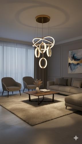 Image of Premium Modern LED Hanging Light for Living Room, Bedroom, Dining, Hall & Office | Decorative Golden Pendant Ceiling Lamp for Home Decor, Stylish Ceiling Lights (Golden Orbit, Medium)